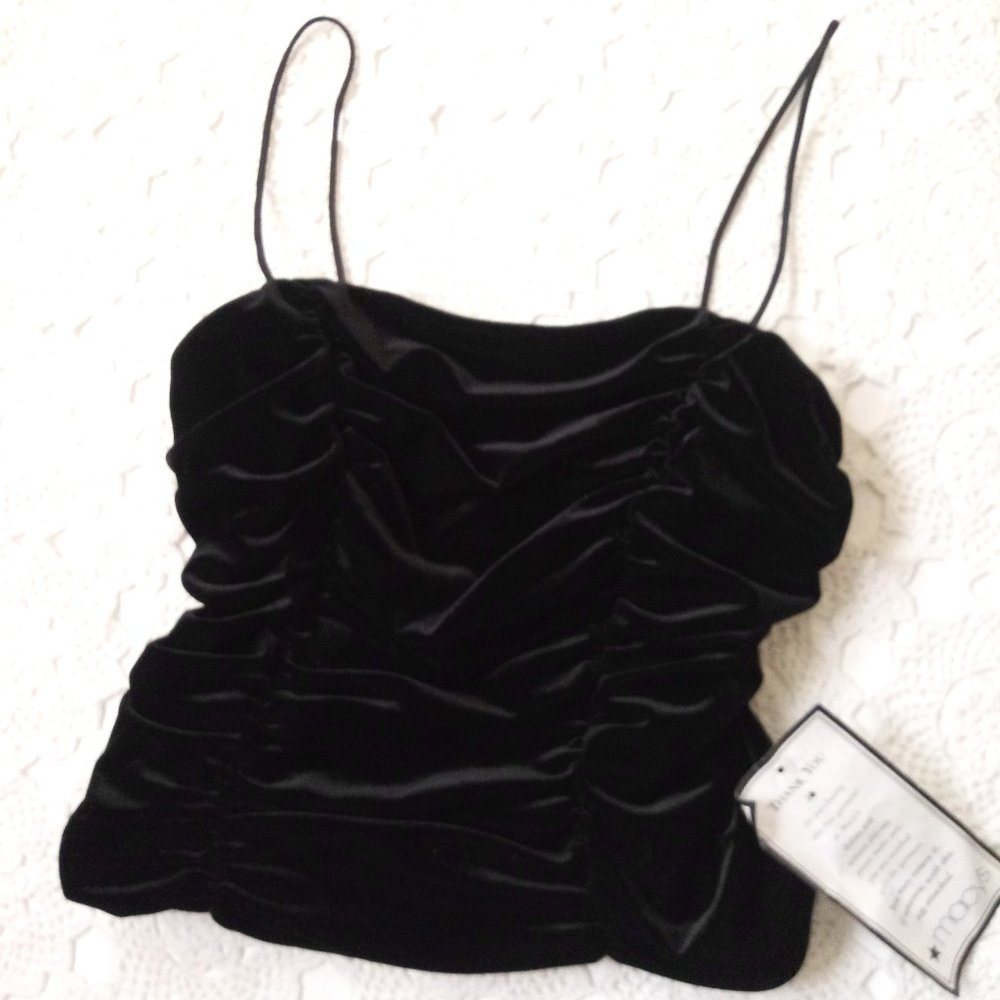 Vtg 90s Y2K Velvet Crop Tank Top Shirt Black Ruched Spaghetti Strap 12 Women
